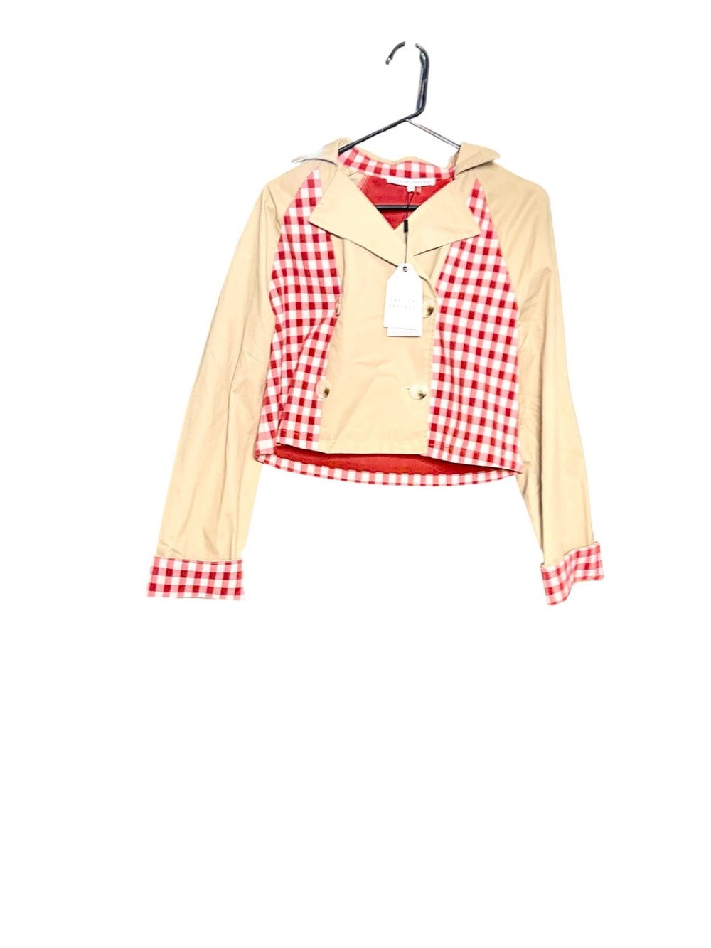 English Factory Beige Cropped Trench with Red Gingham Trim sz M - Picture 4 of 16